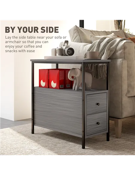 HOMCOM Side Table, Narrow Bedside Table with 2 Drawers and Storage Shelf, Industrial End Table with Metal Frame for Small Spaces