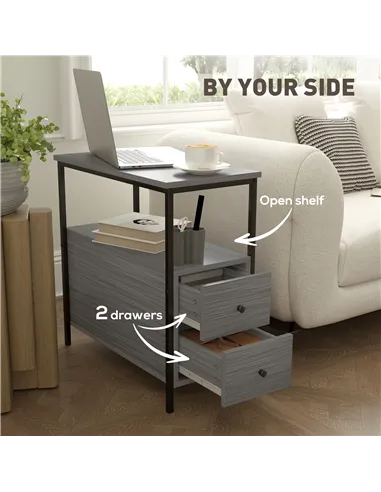 HOMCOM Side Table, Narrow Bedside Table with 2 Drawers and Storage Shelf, Industrial End Table with Metal Frame for Small Spaces
