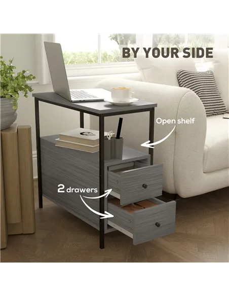 HOMCOM Side Table, Narrow Bedside Table with 2 Drawers and Storage Shelf, Industrial End Table with Metal Frame for Small Spaces