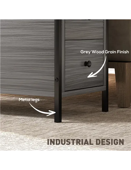 HOMCOM Side Table, Narrow Bedside Table with 2 Drawers and Storage Shelf, Industrial End Table with Metal Frame for Small Spaces