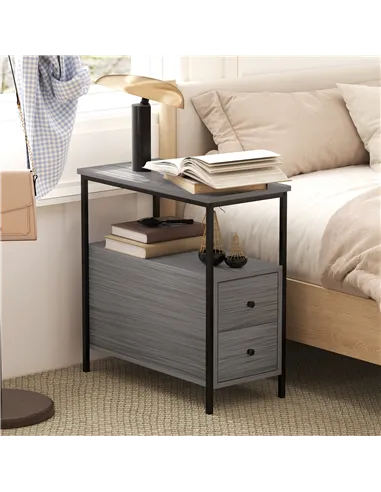 HOMCOM Side Table, Narrow Bedside Table with 2 Drawers and Storage Shelf, Industrial End Table with Metal Frame for Small Spaces