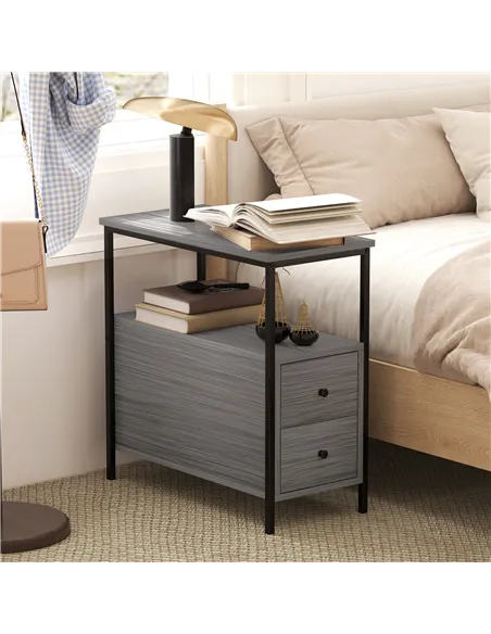 HOMCOM Side Table, Narrow Bedside Table with 2 Drawers and Storage Shelf, Industrial End Table with Metal Frame for Small Spaces