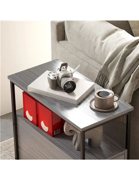 HOMCOM Side Table, Narrow Bedside Table with 2 Drawers and Storage Shelf, Industrial End Table with Metal Frame for Small Spaces