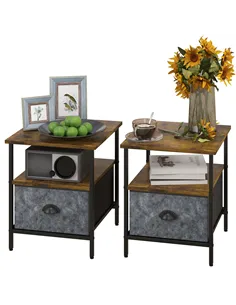 HOMCOM Set of 2 Bedside Table, Nightstand with Non-Woven Fabric Drawer, Side Table, End Table for Living room, Bedroom, Rustic B