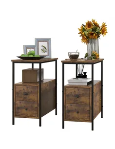 HOMCOM Set of 2 Side Table, Narrow Bedside Table with 2 Drawers and Storage Shelf, Industrial End Table with Metal Frame for Sma