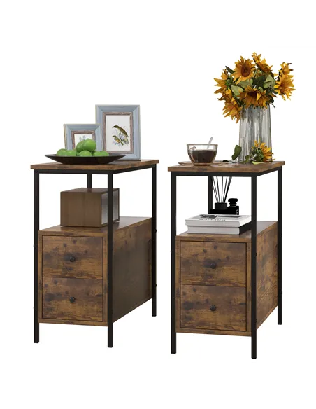 HOMCOM Set of 2 Side Table, Narrow Bedside Table with 2 Drawers and Storage Shelf, Industrial End Table with Metal Frame for Sma