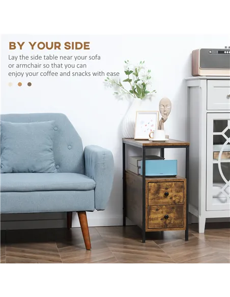 HOMCOM Set of 2 Side Table, Narrow Bedside Table with 2 Drawers and Storage Shelf, Industrial End Table with Metal Frame for Sma