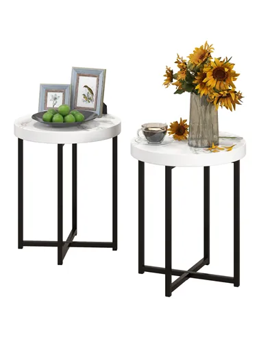 HOMCOM Set of 2 Round Side Table with Metal Legs, Modern End Table Bedside Table for Living Room, Bedroom, White