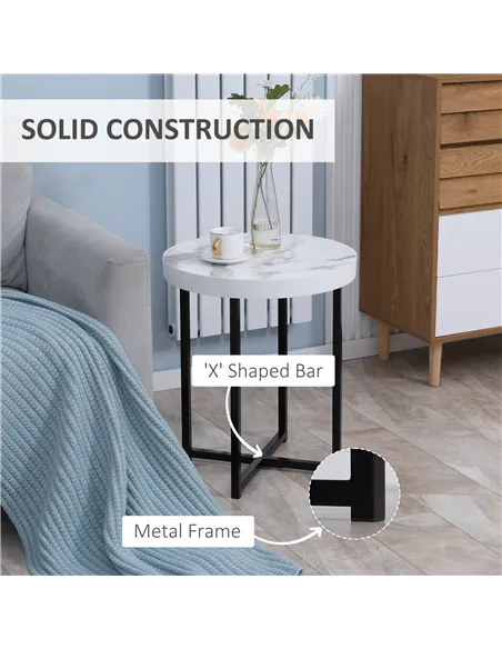 HOMCOM Set of 2 Round Side Table with Metal Legs, Modern End Table Bedside Table for Living Room, Bedroom, White