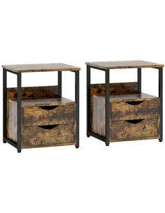 HOMCOM Industrial Side Table Set of 2, Sofa Table with Drawer, Bedside Cabinet with Storage Shelf, Slim Nightstand for Living Ro