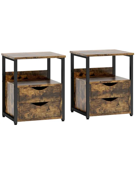 HOMCOM Industrial Side Table Set of 2, Sofa Table with Drawer, Bedside Cabinet with Storage Shelf, Slim Nightstand for Living Ro