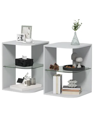 HOMCOM Modern Side Table Set of 2, Three Layer Bedside Table Nightstand with 2 Storage Shelves, for Living room, Bedroom, Grey