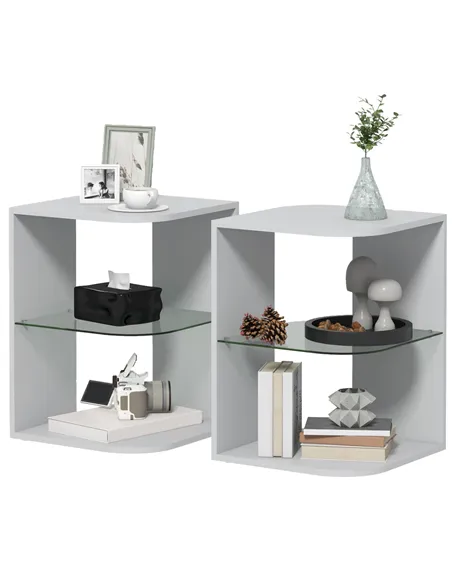 HOMCOM Modern Side Table Set of 2, Three Layer Bedside Table Nightstand with 2 Storage Shelves, for Living room, Bedroom, Grey
