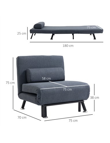 HOMCOM Linen Chair Bed, 3-in-1 Convertible Sleeper Chair with Adjustable Backrest, Pillow, for Living Room, Bedroom, Dark Grey