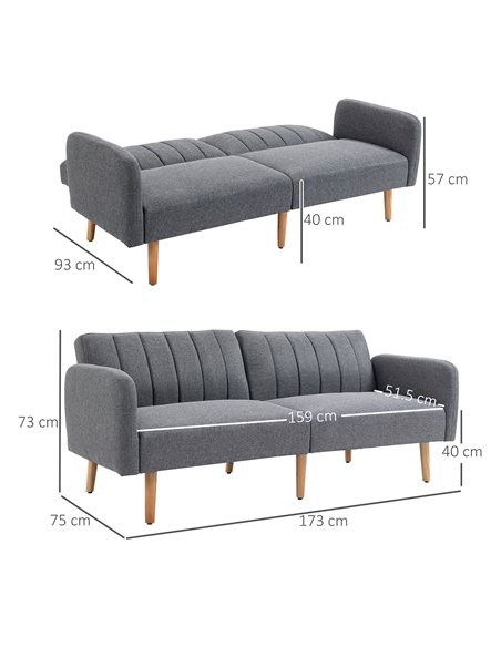 HOMCOM 3 Seater Sofa Bed, Convertible Linen Fabric Sofa Couch, Click Clack Sofabed with Adjustable Split Backrest for Living Roo