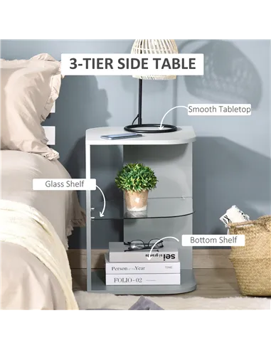 HOMCOM Modern Side Table Set of 2, Three Layer Bedside Table Nightstand with 2 Storage Shelves, for Living room, Bedroom, Grey