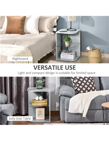 HOMCOM Modern Side Table Set of 2, Three Layer Bedside Table Nightstand with 2 Storage Shelves, for Living room, Bedroom, Grey