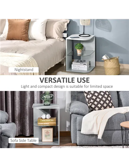 HOMCOM Modern Side Table Set of 2, Three Layer Bedside Table Nightstand with 2 Storage Shelves, for Living room, Bedroom, Grey