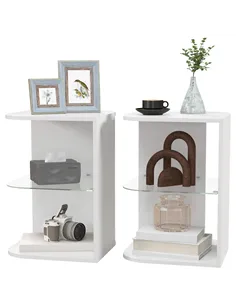 HOMCOM Modern Side Table Set of 2, Three Layer Bedside Table Nightstand with 2 Storage Shelves, for Living room, Bedroom, White