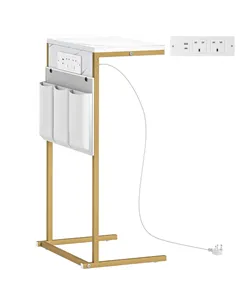 HOMCOM C-Shaped Bedside Table with Charging Station, Marble Grain Side Table with Power Outlets & USB Ports, Storage Bags, for B