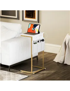 HOMCOM C-Shaped Bedside Table with Charging Station, Marble Grain Side Table with Power Outlets & USB Ports, Storage Bags, for B 2