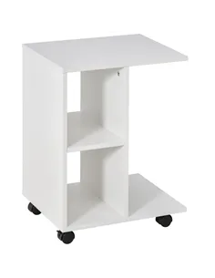 HOMCOM C-Shape End Table Unique Storage Unit w/ 2 Shelves 4 Wheels Freestanding Home Furniture Cabinet Square White