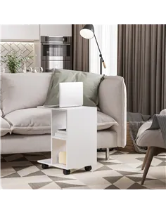 HOMCOM C-Shape End Table Unique Storage Unit w/ 2 Shelves 4 Wheels Freestanding Home Furniture Cabinet Square White 2