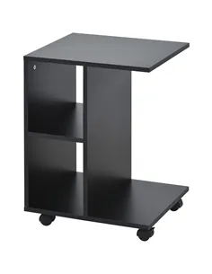 HOMCOM C-Shape End Table Unique Storage Unit w/ 2 Shelves 4 Wheels Freestanding Home Furniture Cabinet Square Black