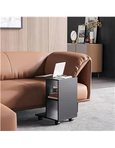 HOMCOM C-Shape End Table Unique Storage Unit w/ 2 Shelves 4 Wheels Freestanding Home Furniture Cabinet Square Black 2