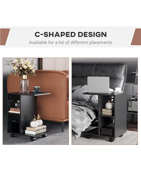 HOMCOM C-Shape End Table Unique Storage Unit w/ 2 Shelves 4 Wheels Freestanding Home Furniture Cabinet Square Black