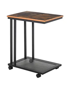 HOMCOM C Shaped Side Table with Wheels, Mobile End Table, Laptop Stand with Metal Frame and Storage Shelf, Rustic Brown