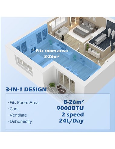 HOMCOM 7,000 BTU Mobile Air Conditioner for Room up to 26m², with Dehumidifier, 24H Timer, Wheels, Window Mount Kit