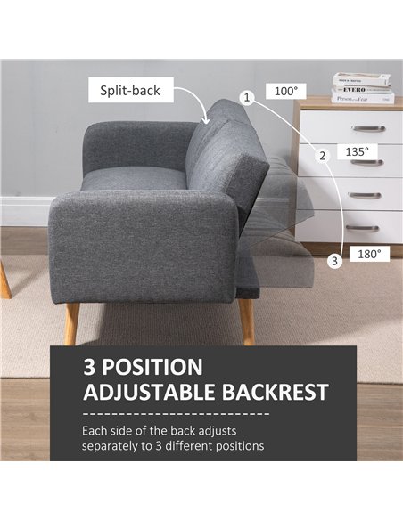 HOMCOM 3 Seater Sofa Bed, Convertible Linen Fabric Sofa Couch, Click Clack Sofabed with Adjustable Split Backrest for Living Roo