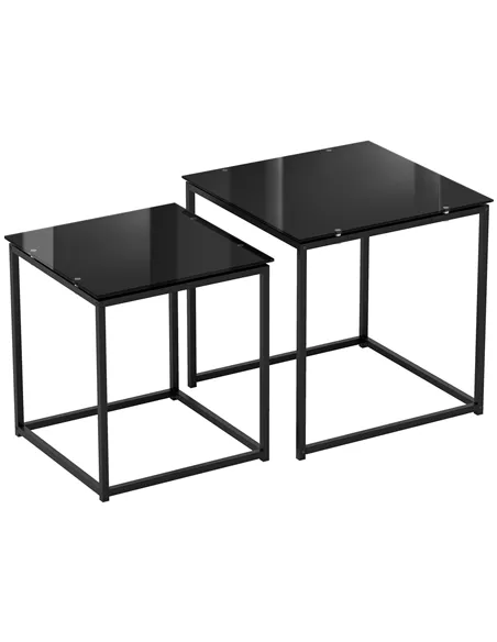 HOMCOM Nest of Tables, Set of 2 Coffee Table, Side Tables with Tempered Glass Desktop and Metal Frame for Living Room, Bedroom, 