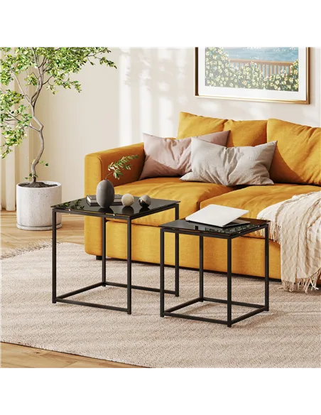 HOMCOM Nest of Tables, Set of 2 Coffee Table, Side Tables with Tempered Glass Desktop and Metal Frame for Living Room, Bedroom, 