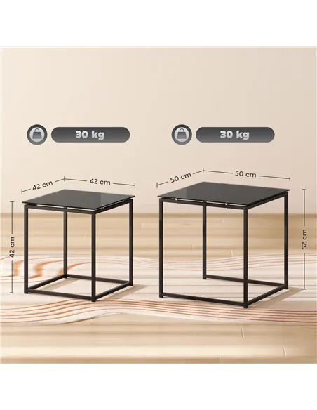 HOMCOM Nest of Tables, Set of 2 Coffee Table, Side Tables with Tempered Glass Desktop and Metal Frame for Living Room, Bedroom, 