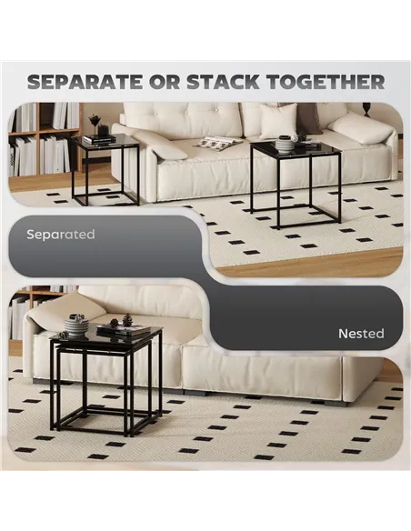 HOMCOM Nest of Tables, Set of 2 Coffee Table, Side Tables with Tempered Glass Desktop and Metal Frame for Living Room, Bedroom, 