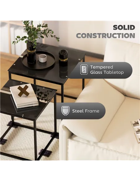 HOMCOM Nest of Tables, Set of 2 Coffee Table, Side Tables with Tempered Glass Desktop and Metal Frame for Living Room, Bedroom, 