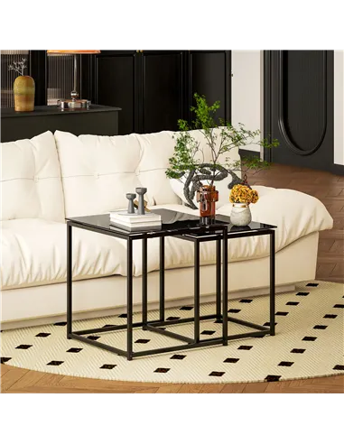 HOMCOM Nest of Tables, Set of 2 Coffee Table, Side Tables with Tempered Glass Desktop and Metal Frame for Living Room, Bedroom, 