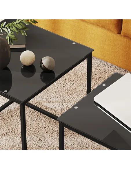 HOMCOM Nest of Tables, Set of 2 Coffee Table, Side Tables with Tempered Glass Desktop and Metal Frame for Living Room, Bedroom, 