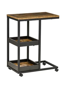 HOMCOM Industrial Mobile Sofa Side Table C-Shaped Rolling Couch Table with 3-Tier Storage Shelving Four Lockable Wheels Steel Fr