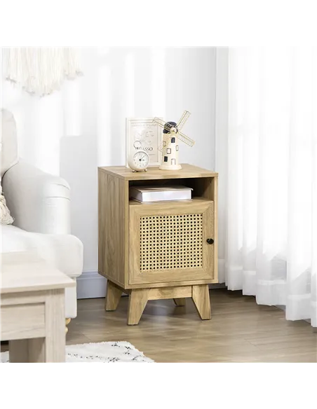 HOMCOM Narrow Rattan Nightstand, Side End Table with Shelf and Cupboard, 39cm x 35cm x 60cm, Natural