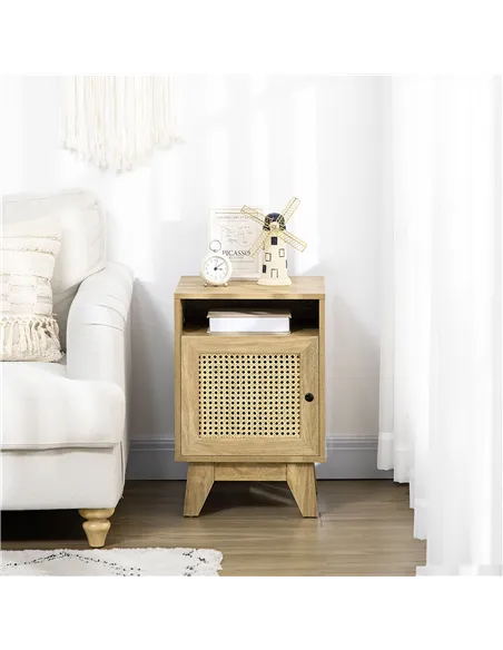 HOMCOM Narrow Rattan Nightstand, Side End Table with Shelf and Cupboard, 39cm x 35cm x 60cm, Natural