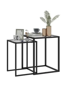 HOMCOM Nesting Tables Set of 2, Side End Table with Tempered Glass Top and Steel Frame for Living Room, Bedroom, Black