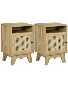 HOMCOM 2-Piece Narrow Rattan Nightstands, Side End Table with Shelf and Cupboard, 39cm x 35cm x 60cm, Natural
