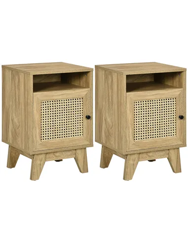 HOMCOM 2-Piece Narrow Rattan Nightstands, Side End Table with Shelf and Cupboard, 39cm x 35cm x 60cm, Natural