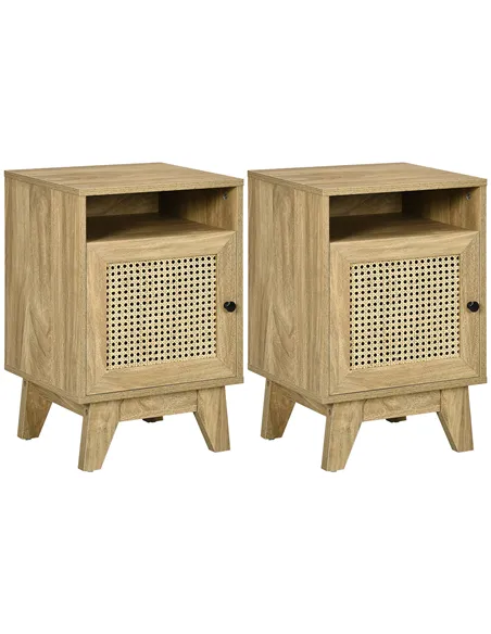 HOMCOM 2-Piece Narrow Rattan Nightstands, Side End Table with Shelf and Cupboard, 39cm x 35cm x 60cm, Natural