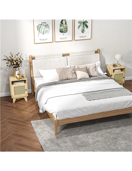 HOMCOM 2-Piece Narrow Rattan Nightstands, Side End Table with Shelf and Cupboard, 39cm x 35cm x 60cm, Natural