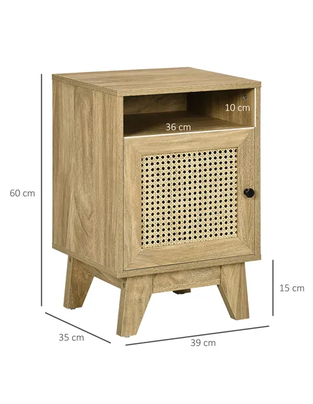 HOMCOM 2-Piece Narrow Rattan Nightstands, Side End Table with Shelf and Cupboard, 39cm x 35cm x 60cm, Natural