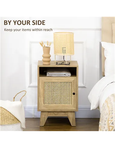 HOMCOM 2-Piece Narrow Rattan Nightstands, Side End Table with Shelf and Cupboard, 39cm x 35cm x 60cm, Natural